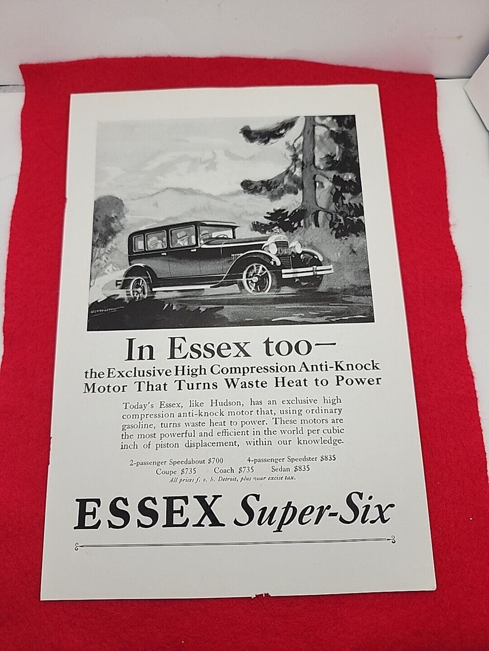 Vtg 1927 Essex Super Six: High Compression Anti Knock Motor Print Ad Ephemera